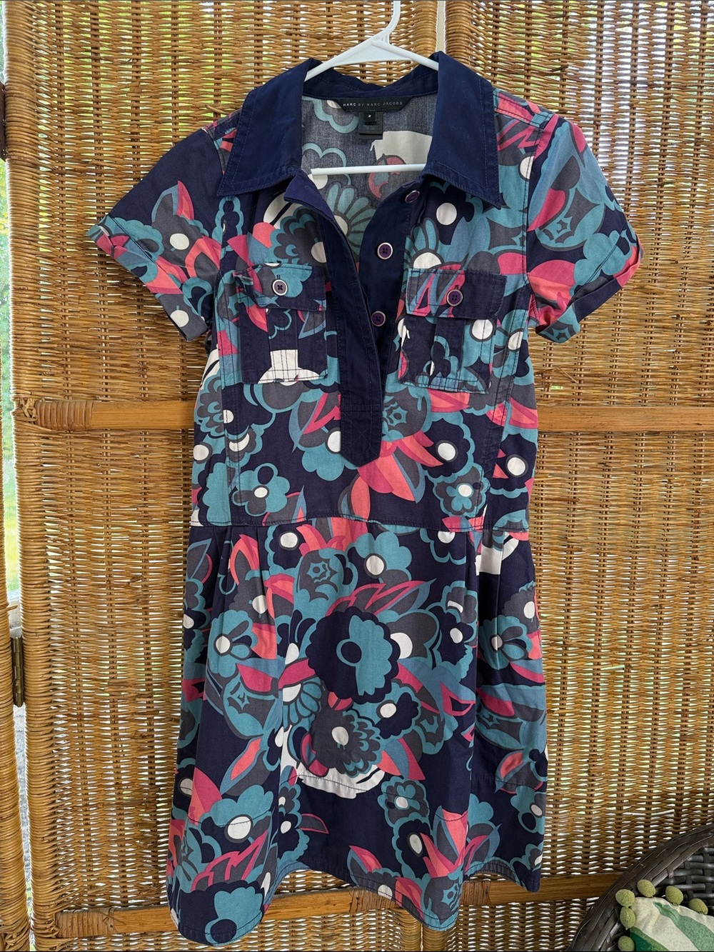 Marc Jacobs Navy Floral Polo Mini Dress with Teal & Coral Accents